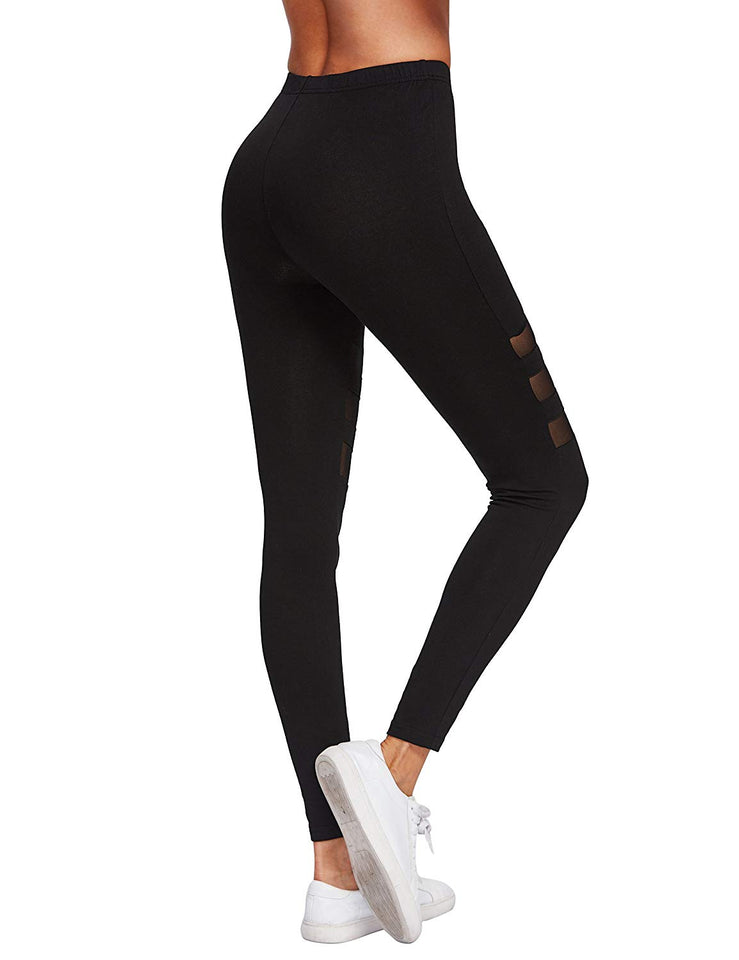 SweatyRocks Leggings de Cintura Alta con Panel de Malla Lateral para Mujer, Negro (4-Black), M