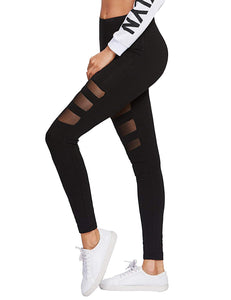SweatyRocks Leggings de Cintura Alta con Panel de Malla Lateral para Mujer, Negro (4-Black), M
