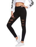 SweatyRocks Leggings de Cintura Alta con Panel de Malla Lateral para Mujer, Negro (4-Black), M